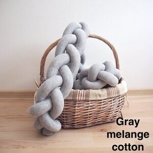 Mini crib braided bumper — 120” light grey melange cotton
